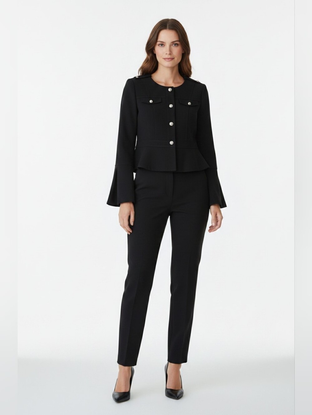 White House Black Market Black Peplum Jacket Black Sz 2 Silver Buttons